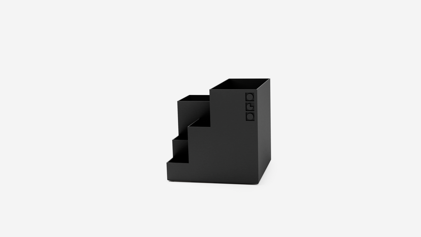 Space-saving Cube pen holder with separate compartments for pens, markers, and tools