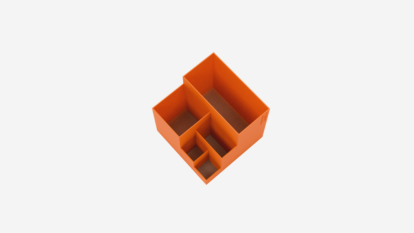Cube pen holder featuring separate compartments for all your stationery needs.