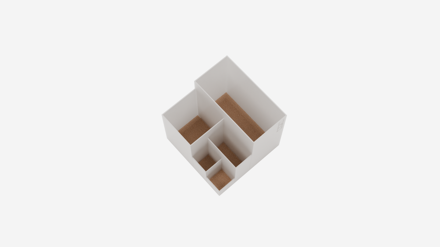 Space-saving Cube pen holder with separate compartments for pens, markers, and tools.