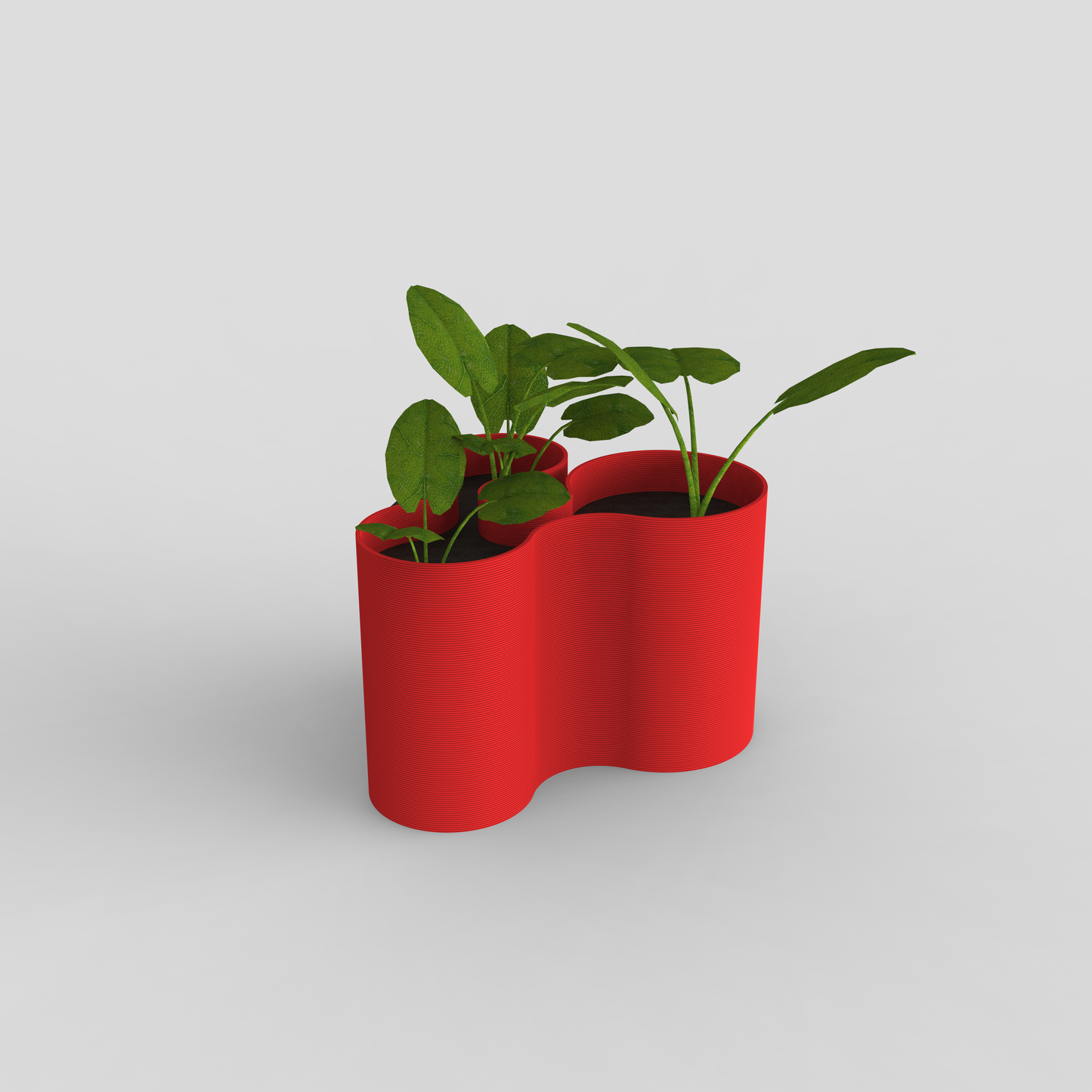 Modern Coral Crest pot in red with plants.