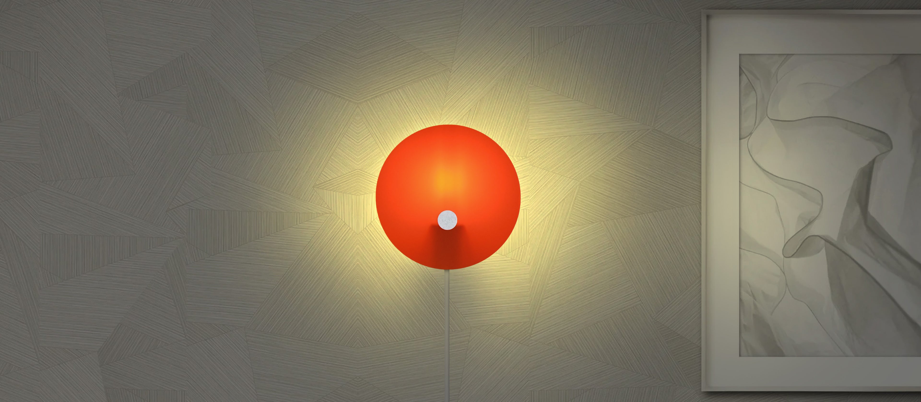 Halo Duo wall light by One Good Object, mounted on a wall adorned with classy wallpaper and complemented by an aesthetic painting.