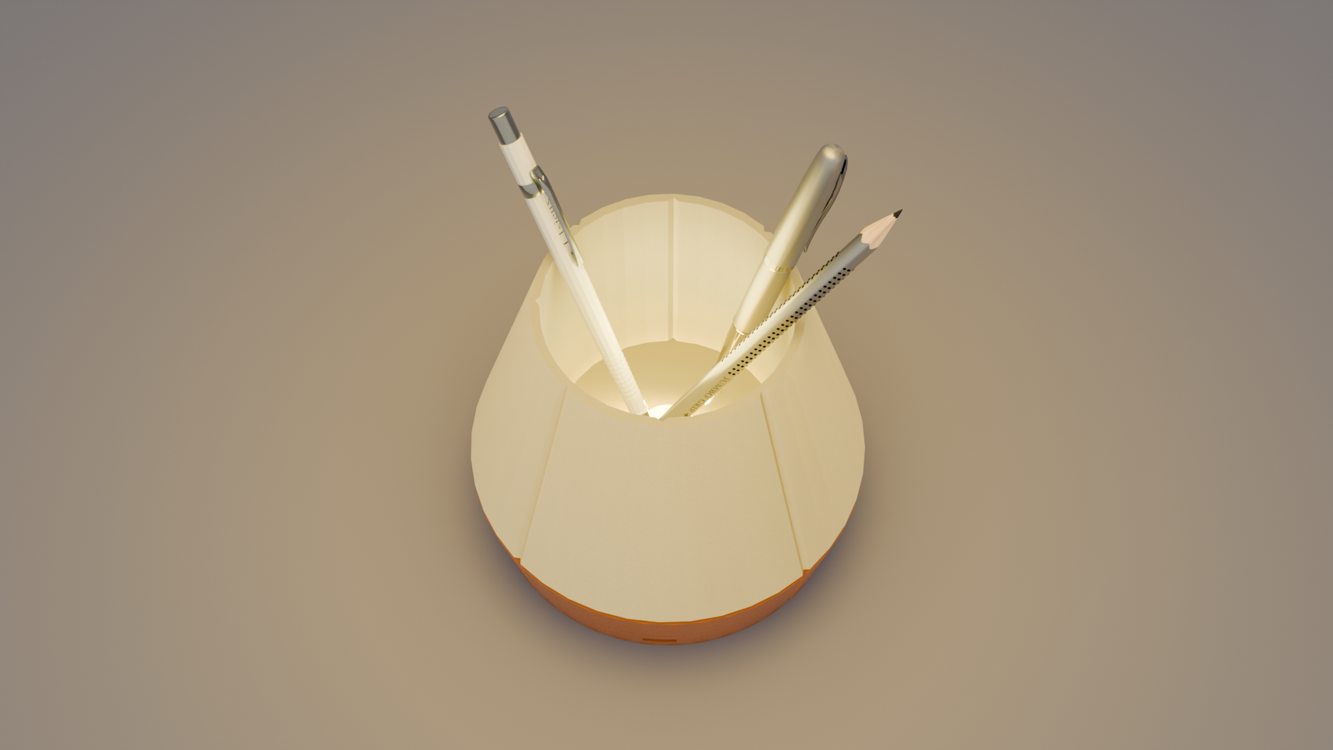 The top view of Litele Duo Orange lamp, lit and functioning as a pen holder, with pens inserted