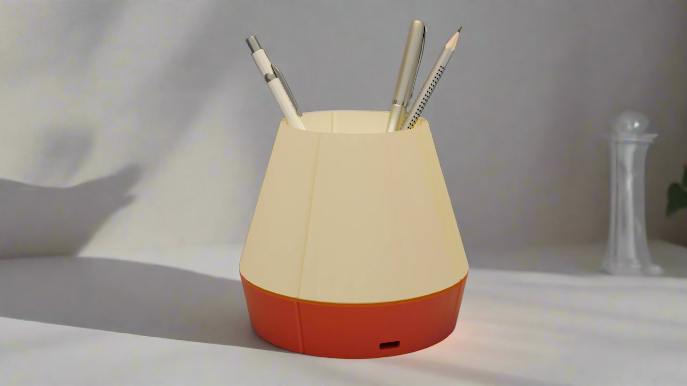 The Litele Duo Red lamp, lit and functioning as a pen holder, with pens inserted