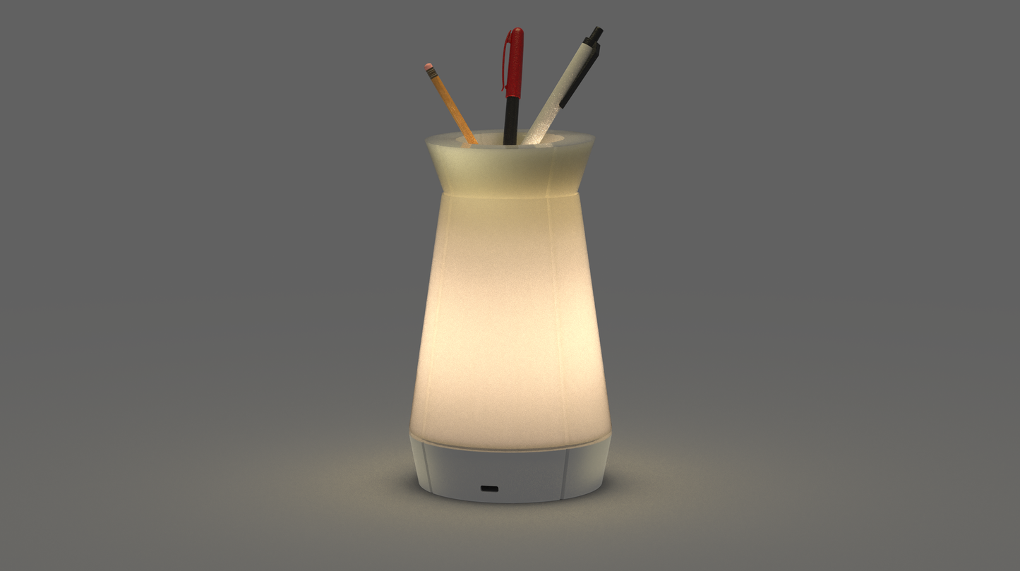 Portable and stylish Venti Plus lamp with integrated pen holder at the top in white.
