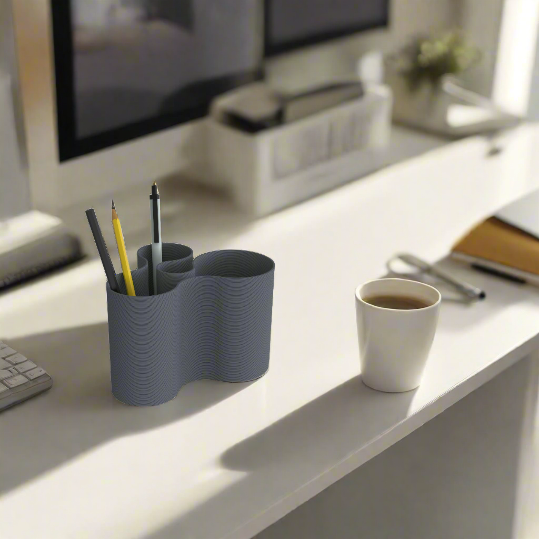 Coral crest pot pen holder placed on a desk 