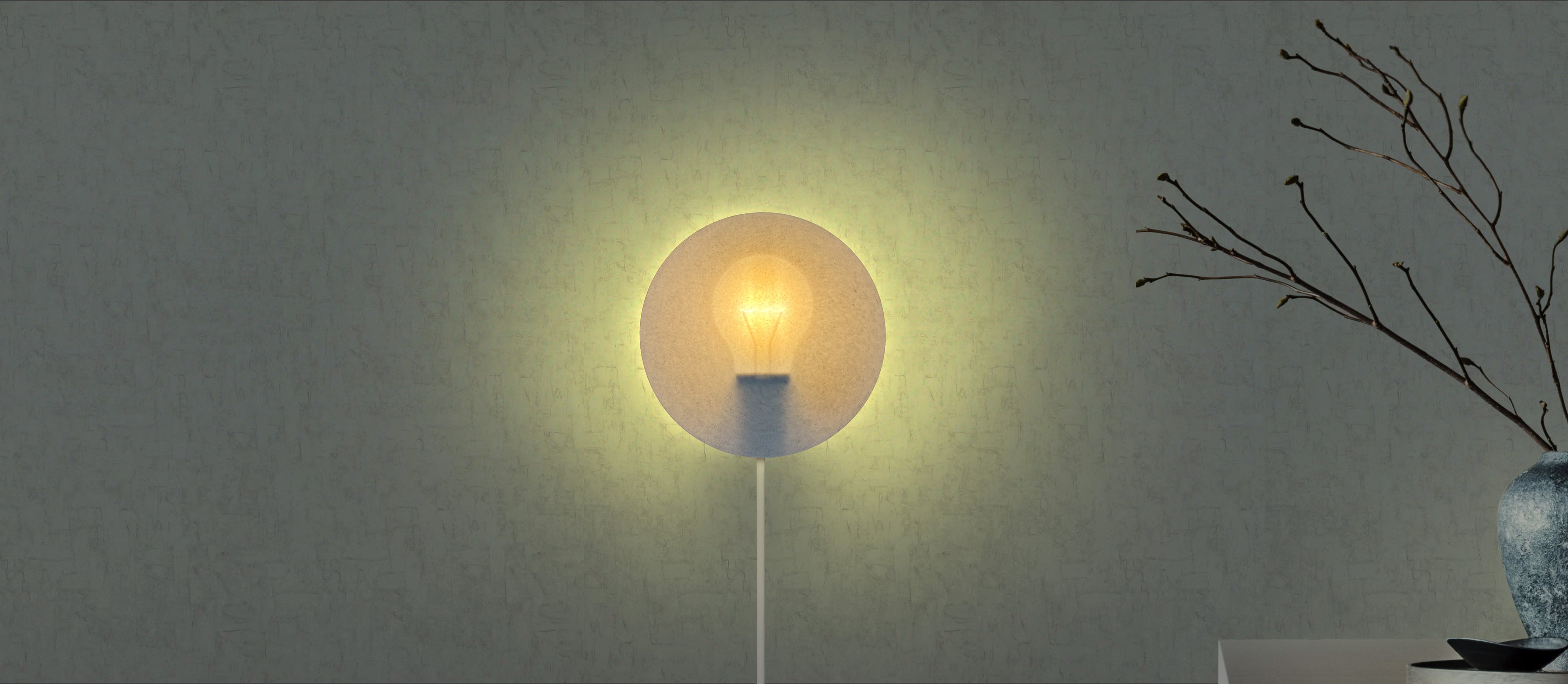 Minimalist wall light Halo Light with E14 LED and tungsten bulb visual effect.