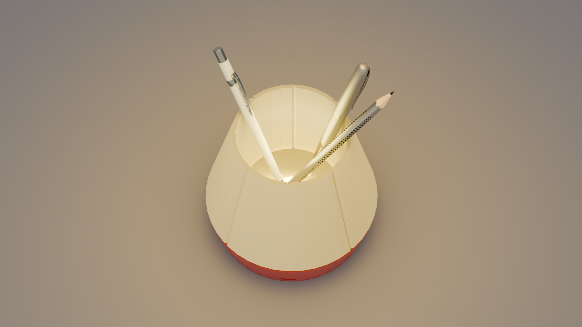 The top view of Litele Duo Red lamp, lit and functioning as a pen holder, with pens inserted