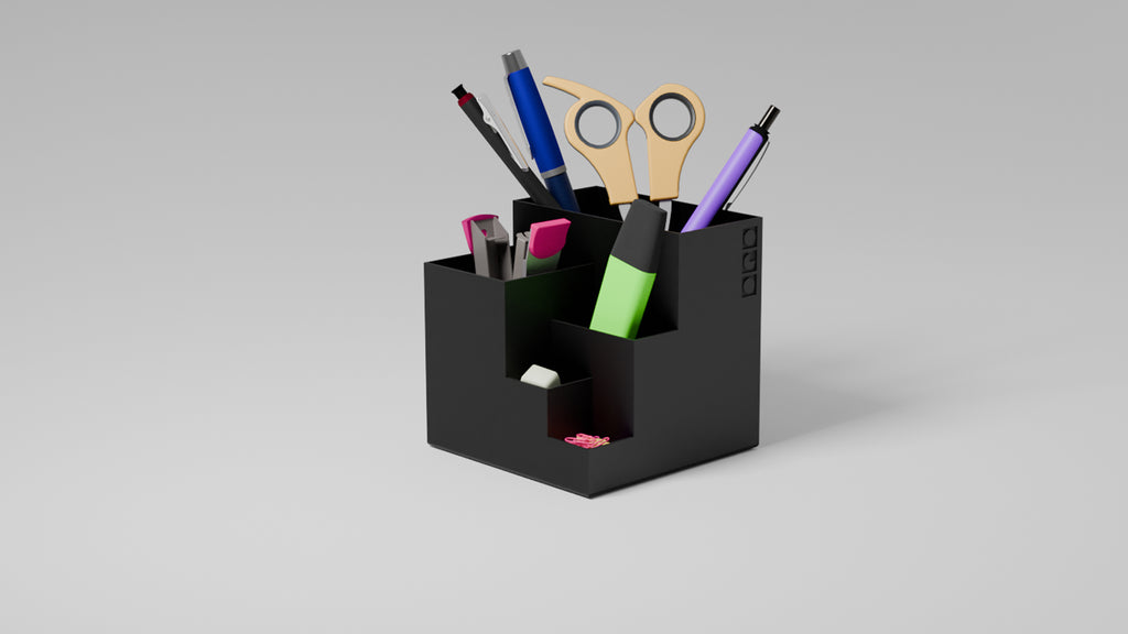  Organized black pen holder with designated slots for pens, markers, and accessories