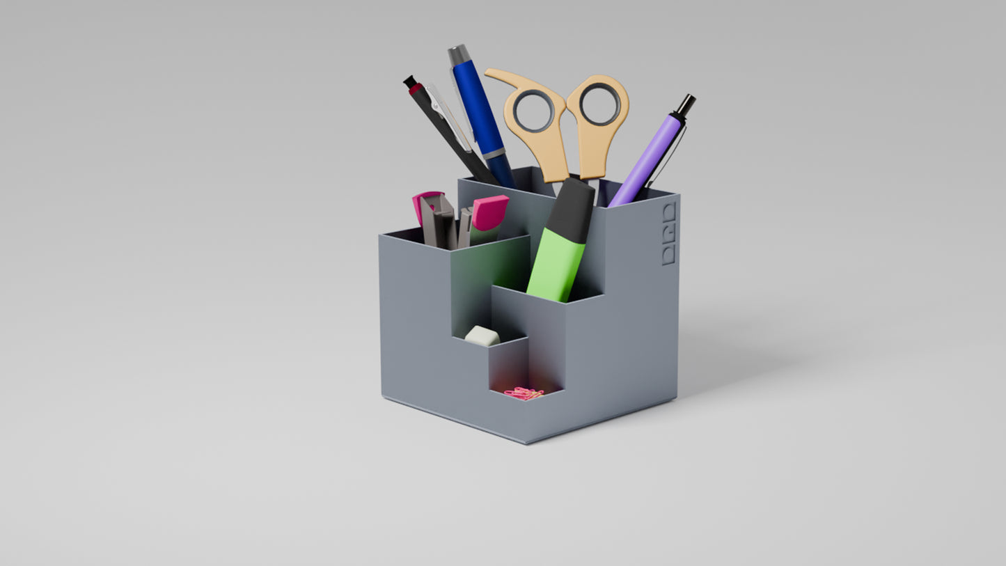  Organized grey pen holder with designated slots for pens, markers, and accessories
