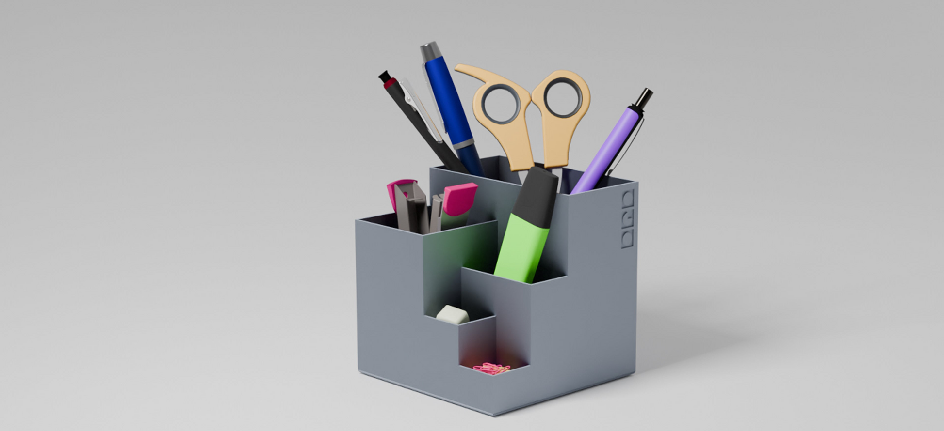 Cube pen stand with multiple compartments holding stationary items