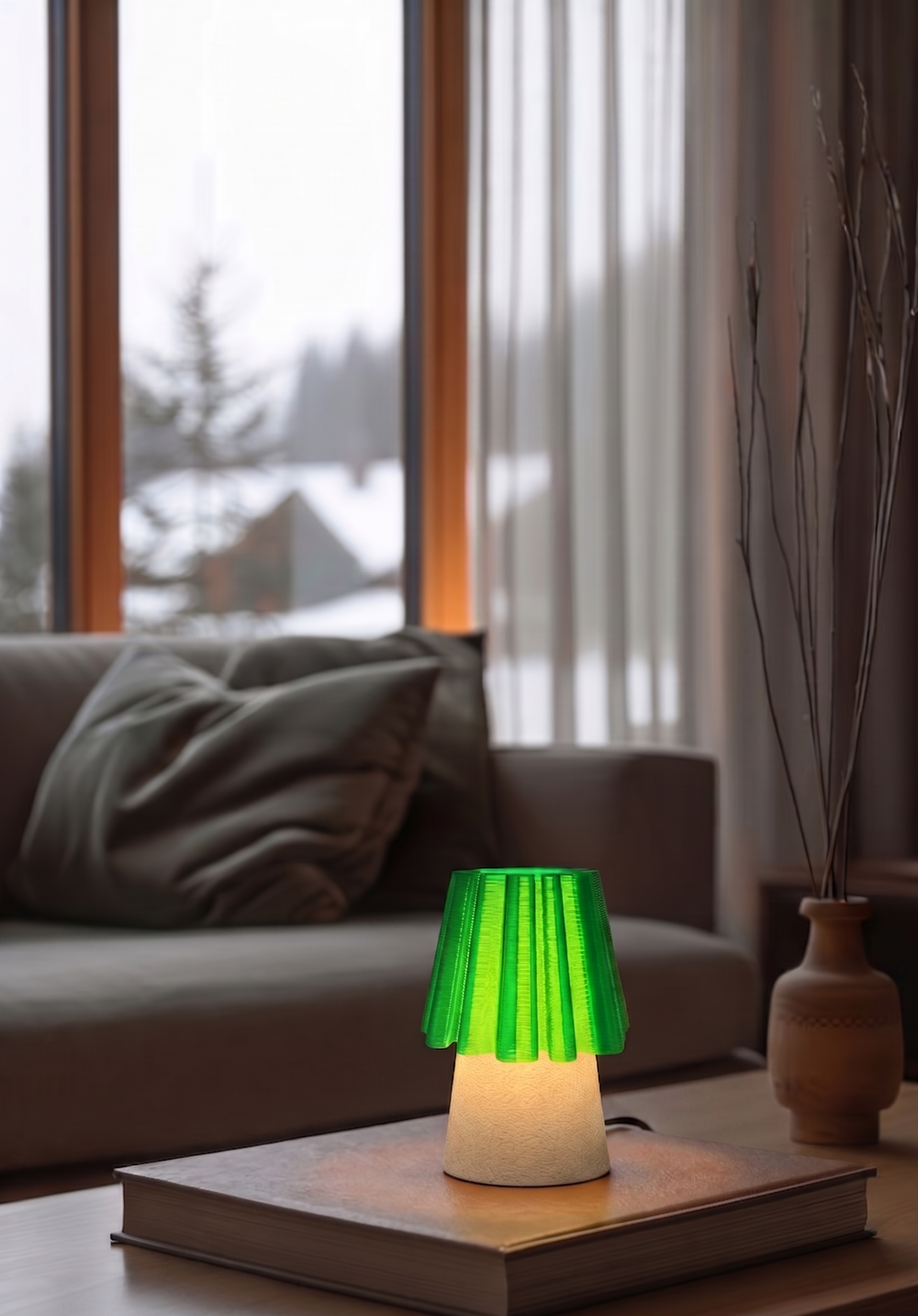 A brightly lit Ruffle Lamp emitting a striking dual-tone glow, with warm light radiating from its textured conical base and a vibrant green light diffusing through its ribbed upper shade.