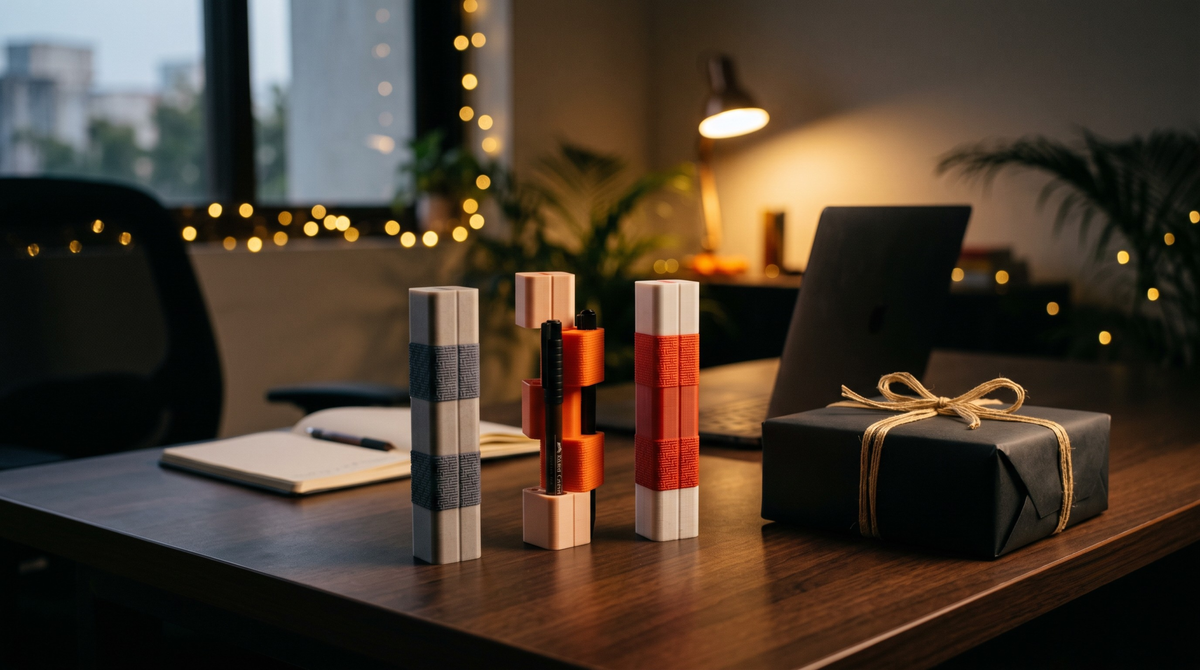 Stackers pen holder in all three colors with a gift box giving diwali vibes
