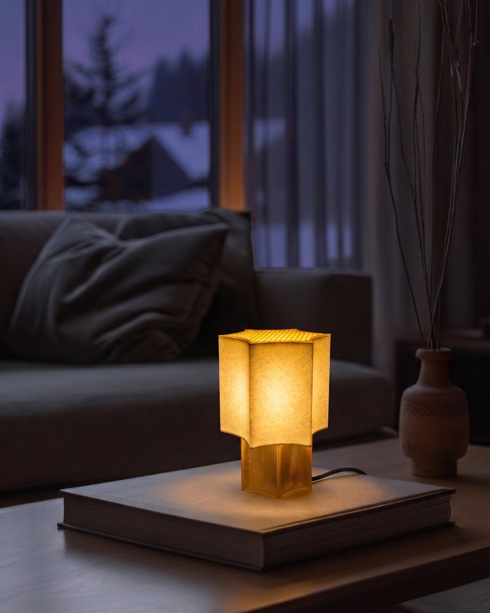 The Star Coral modern accent lamp illuminated at dusk, showcasing its textured, translucent star-shaped body and warm amber glow.