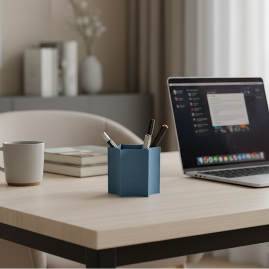 Blue pen holder with pens on a desk next to a laptop